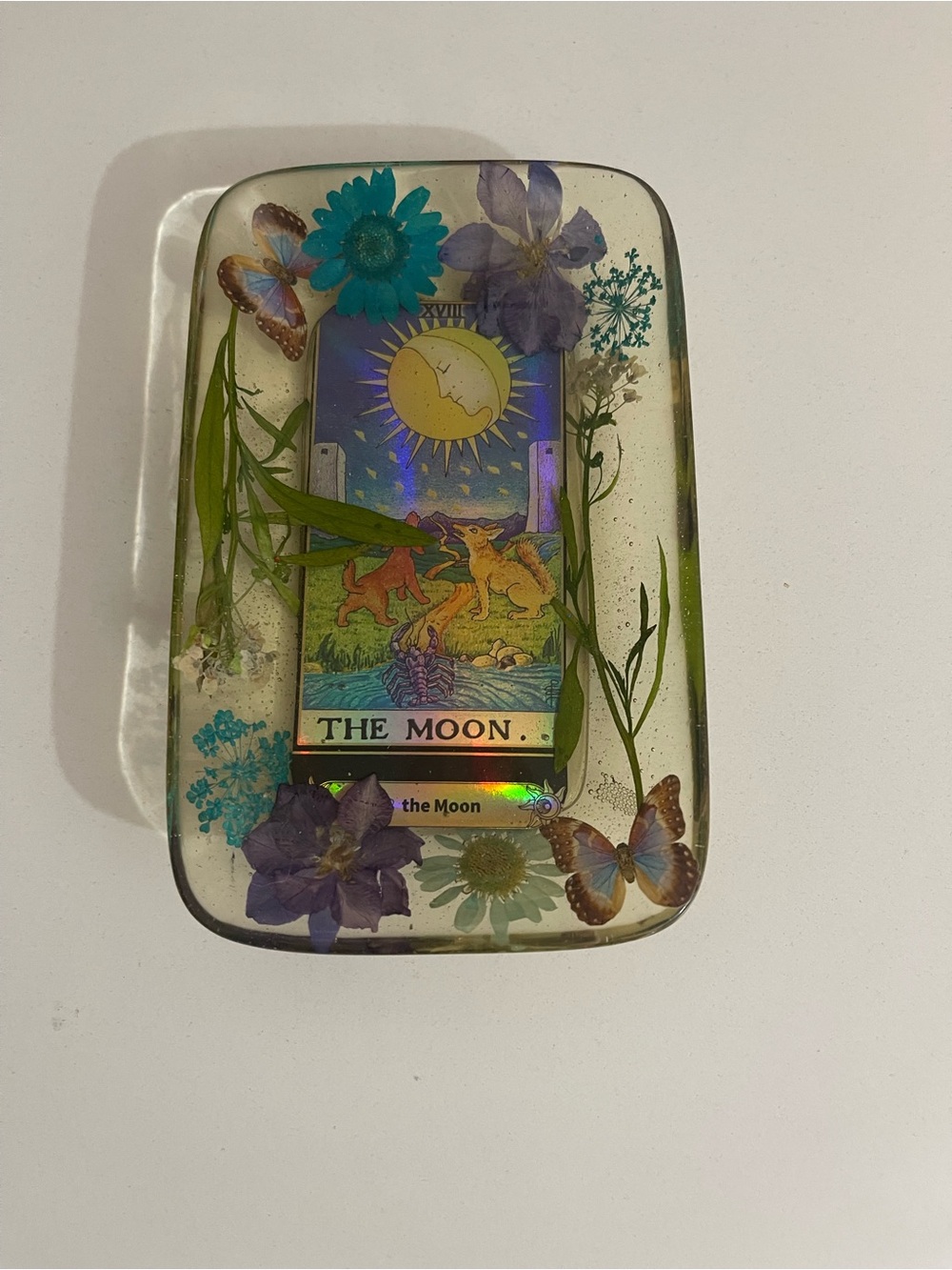 Resin Tarot Card Trinket Holder — The Moon with Pressed Flowers & Butterflies